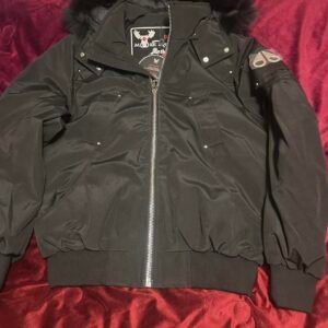 Moose Knuckles black bomber jacket with fur hood - Image 1