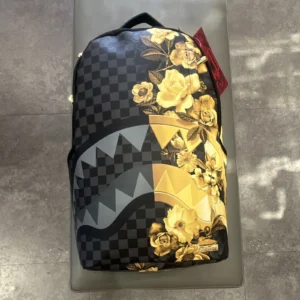 Sprayground Limited Edition Shark Mouth Checkered Backpack Black Gold Zip - Image 1