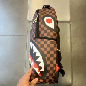 Sprayground Limited Edition Shark Mouth Checkered Backpack Medium Gold Zip - Image 4