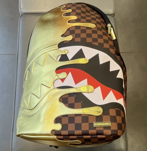 Sprayground Limited Edition Shark Mouth Checkered Backpack Medium Gold Zip